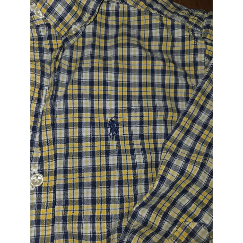 Ralph Lauren Boys Size 5 Button Down Shirt Yellow Navy Blue Long Sleeve Cotton